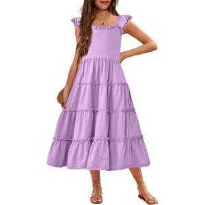 Arshiner Girls Maxi Summer Short Flutter Sleeve Casual Dress with Pockets for 4-14 Y(Light Purple)