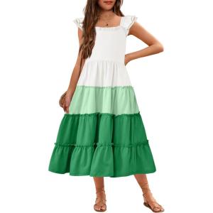 Arshiner Girls Maxi Summer Short Flutter Sleeve Casual Dress with Pockets for 4-14 Y(White & Green)