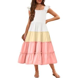 Arshiner Girls Maxi Summer Short Flutter Sleeve Casual Dress with Pockets for 4-14 Y(White & Pink)