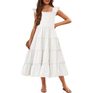 Arshiner Girls Maxi Summer Short Flutter Sleeve Casual Dress with Pockets for 4-14 Y(White)
