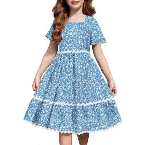 Arshiner Girls Summer Dress Flutter RIC Rac Tiered Short Sleeve Square Neck Casual Midi Dresses with Pockets(Blue Floral)