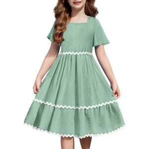 Arshiner Girls Summer Dress Flutter RIC Rac Tiered Short Sleeve Square Neck Casual Midi Dresses with Pockets(Green)