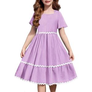 Arshiner Girls Summer Dress Flutter RIC Rac Tiered Short Sleeve Square Neck Casual Midi Dresses with Pockets(Lavender)