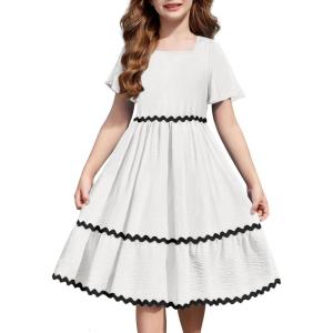 Arshiner Girls Summer Dress Flutter RIC Rac Tiered Short Sleeve Square Neck Casual Midi Dresses with Pockets(White)