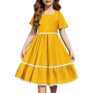 Arshiner Girls Summer Dress Flutter RIC Rac Tiered Short Sleeve Square Neck Casual Midi Dresses with Pockets(Yellow)