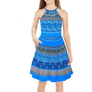 Arshiner Girls Summer Dress Halter Neck Boho Crochet Hollow Out Casual Sundress with Pockets for 5-13 Years(Bohemia Blue)
