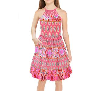 Arshiner Girls Summer Dress Halter Neck Boho Crochet Hollow Out Casual Sundress with Pockets for 5-13 Years(Bohemia Pink)