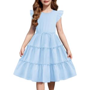 Arshiner Girl’s Summer Dress Ruffle Sleeve Tiered Casual Party Dresses with Pockets 5-12 Years(Blue)