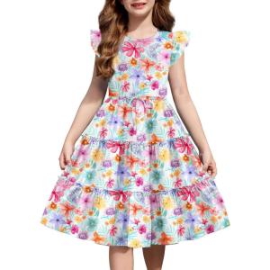 Arshiner Girl’s Summer Dress Ruffle Sleeve Tiered Casual Party Dresses with Pockets 5-12 Years(Colorful Flower)