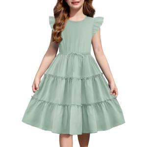 Arshiner Girl’s Summer Dress Ruffle Sleeve Tiered Casual Party Dresses with Pockets 5-12 Years(Light Green)