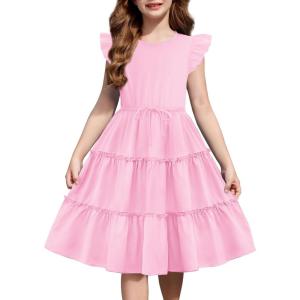 Arshiner Girl’s Summer Dress Ruffle Sleeve Tiered Casual Party Dresses with Pockets 5-12 Years(Pink)