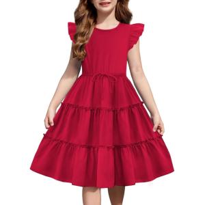 Arshiner Girl’s Summer Dress Ruffle Sleeve Tiered Casual Party Dresses with Pockets 5-12 Years(Red)