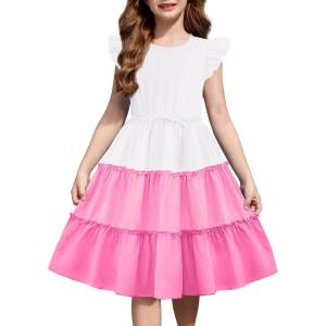 Arshiner Girl’s Summer Dress Ruffle Sleeve Tiered Casual Party Dresses with Pockets 5-12 Years(White-pink)