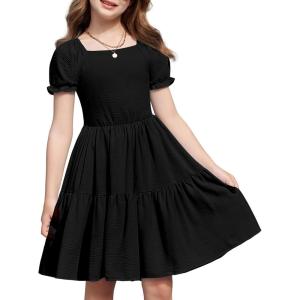 Arshiner Girls Summer Dress Tie Back Short Sleeve Square Neck Tiered Midi Casual Dresses with Pockets(Black)