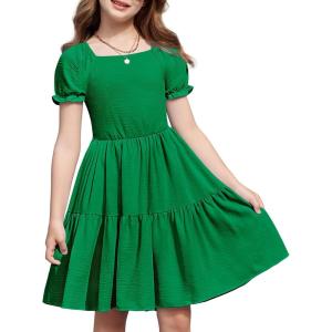 Arshiner Girls Summer Dress Tie Back Short Sleeve Square Neck Tiered Midi Casual Dresses with Pockets(Green)