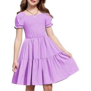 Arshiner Girls Summer Dress Tie Back Short Sleeve Square Neck Tiered Midi Casual Dresses with Pockets(Lavender)