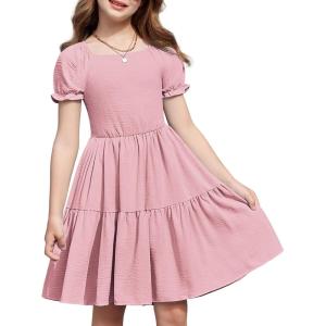 Arshiner Girls Summer Dress Tie Back Short Sleeve Square Neck Tiered Midi Casual Dresses with Pockets(Pink)