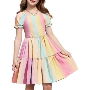 Arshiner Girls Summer Dress Tie Back Short Sleeve Square Neck Tiered Midi Casual Dresses with Pockets(Rainbow)