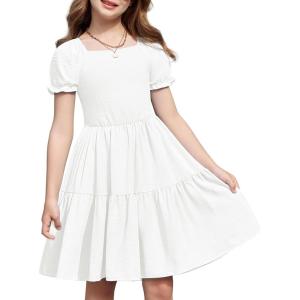 Arshiner Girls Summer Dress Tie Back Short Sleeve Square Neck Tiered Midi Casual Dresses with Pockets(White)