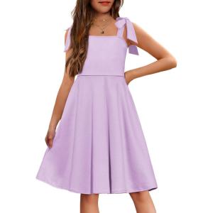 Arshiner Girls Summer Dress Tie Strap Sleeveless Solid Color Square Neck Party Dresses 6-11 Y(Lavender Purple)
