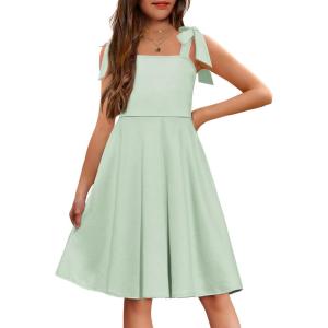 Arshiner Girls Summer Dress Tie Strap Sleeveless Solid Color Square Neck Party Dresses 6-11 Y(Light Green)