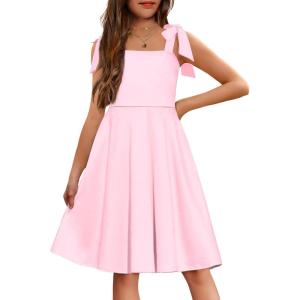 Arshiner Girls Summer Dress Tie Strap Sleeveless Solid Color Square Neck Party Dresses 6-11 Y(Pink)