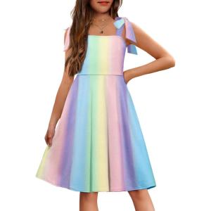Arshiner Girls Summer Dress Tie Strap Sleeveless Solid Color Square Neck Party Dresses 6-11 Y(Rainbow)