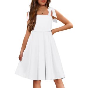 Arshiner Girls Summer Dress Tie Strap Sleeveless Solid Color Square Neck Party Dresses 6-11 Y(White)