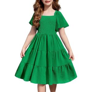 Arshiner Girls Summer Dress Tween Boho Casual Smocked Swing Flowy Ruffle Midi Dresses with Pockets(Green)