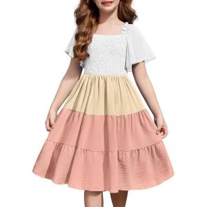 Arshiner Girls Summer Dress Tween Boho Casual Smocked Swing Flowy Ruffle Midi Dresses with Pockets(Khaki Color Block)