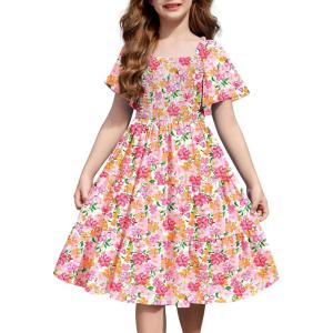 Arshiner Girls Summer Dress Tween Boho Casual Smocked Swing Flowy Ruffle Midi Dresses with Pockets(Pink Floral)