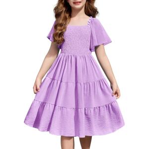 Arshiner Girls Summer Dress Tween Boho Casual Smocked Swing Flowy Ruffle Midi Dresses with Pockets(Purple)
