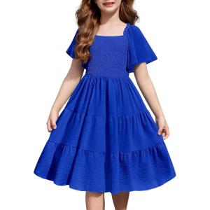 Arshiner Girls Summer Dress Tween Boho Casual Smocked Swing Flowy Ruffle Midi Dresses with Pockets(Royal Blue)