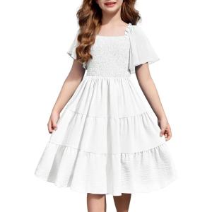 Arshiner Girls Summer Dress Tween Boho Casual Smocked Swing Flowy Ruffle Midi Dresses with Pockets(White)