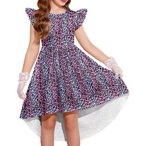Arshiner Girls Summer Dress Tween Flutter Sleeve High Low Formal Dresses for Wedding Party with Pocket(Leopard Pattern)