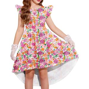 Arshiner Girls Summer Dress Tween Flutter Sleeve High Low Formal Dresses for Wedding Party with Pocket(Pink Purple Floral)