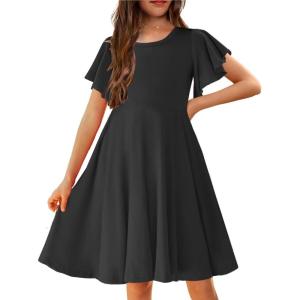 Arshiner Girl’s Summer Dresses Ruffle Short Sleeve Swing Flowy Midi Casual Sundress with Pockets(A Black)