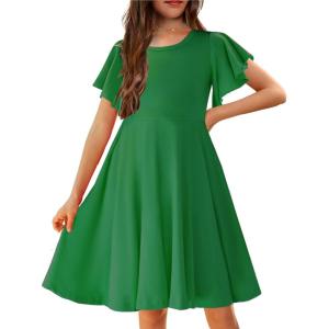 Arshiner Girl’s Summer Dresses Ruffle Short Sleeve Swing Flowy Midi Casual Sundress with Pockets(A Green)