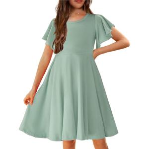 Arshiner Girl’s Summer Dresses Ruffle Short Sleeve Swing Flowy Midi Casual Sundress with Pockets(A Light Green)