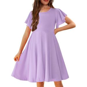 Arshiner Girl’s Summer Dresses Ruffle Short Sleeve Swing Flowy Midi Casual Sundress with Pockets(A Lilac)