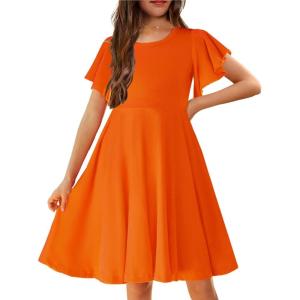 Arshiner Girl’s Summer Dresses Ruffle Short Sleeve Swing Flowy Midi Casual Sundress with Pockets(A Orange)