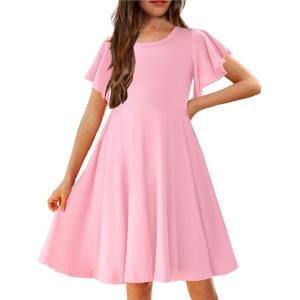 Arshiner Girl’s Summer Dresses Ruffle Short Sleeve Swing Flowy Midi Casual Sundress with Pockets(A Pink)