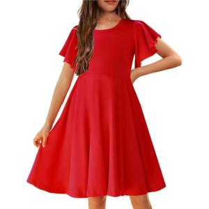 Arshiner Girl’s Summer Dresses Ruffle Short Sleeve Swing Flowy Midi Casual Sundress with Pockets(A Red)