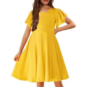 Arshiner Girl’s Summer Dresses Ruffle Short Sleeve Swing Flowy Midi Casual Sundress with Pockets(A Yellow)