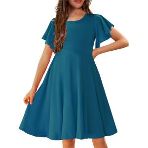 Arshiner Girl’s Summer Dresses Ruffle Short Sleeve Swing Flowy Midi Casual Sundress with Pockets(Deep Blue)