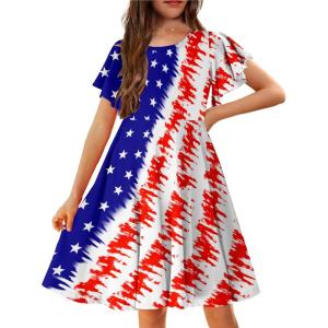 Arshiner Girl’s Summer Dresses Ruffle Short Sleeve Swing Flowy Midi Casual Sundress with Pockets(Flag Star)