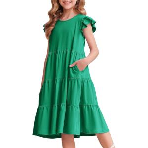 Arshiner Girl’s Summer Dresses Ruffle Sleeve Tiered Swing Midi Casual Sundress with Pockets(Green)