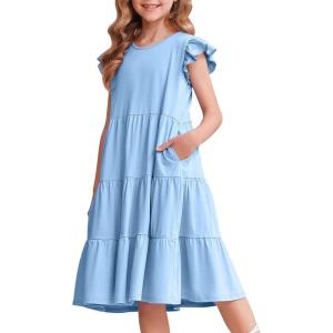Arshiner Girl’s Summer Dresses Ruffle Sleeve Tiered Swing Midi Casual Sundress with Pockets(Light Blue)