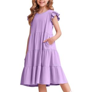 Arshiner Girl’s Summer Dresses Ruffle Sleeve Tiered Swing Midi Casual Sundress with Pockets(Lilac)