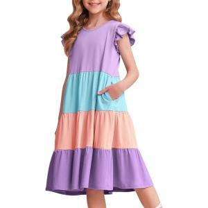 Arshiner Girl’s Summer Dresses Ruffle Sleeve Tiered Swing Midi Casual Sundress with Pockets(Purple & Blue & Pink)